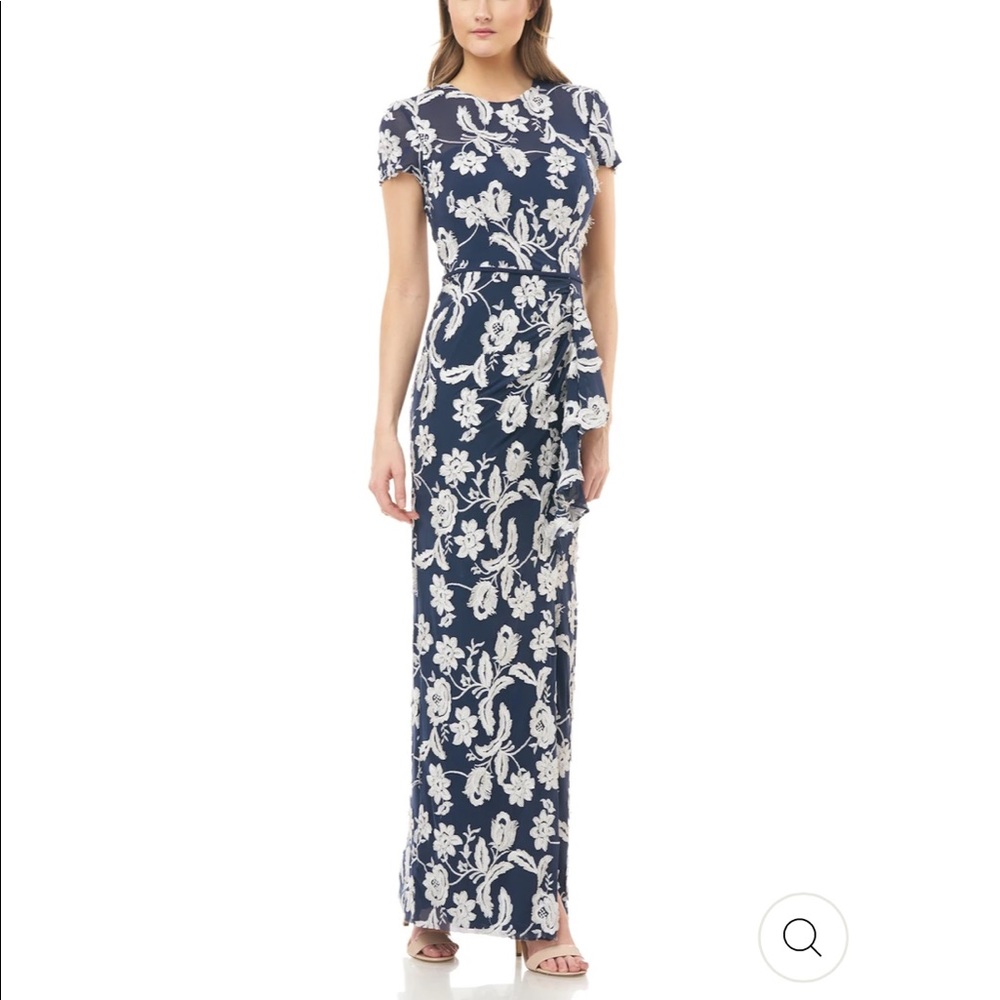 JS COLLECTIONS | Metallic Silver Embroidered Navy Evening Dress Size 12